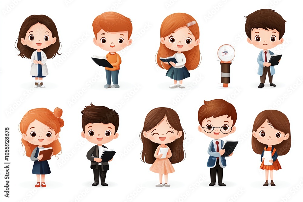 A colorful collection of cute cartoon children in various outfits isolated on white background, engaged in playful activities with books and tools. A colorful collection of cute cartoon children in various outfits isolated on white background, engaged in playful activities with books and tools.