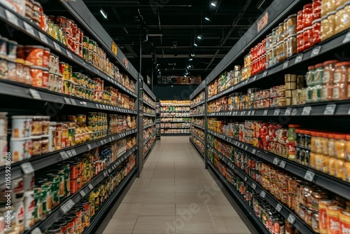 Perspective Through Grocery Store Aisle with Rows of Colorful Canned Goods in Modern Market Setting - Orderly, Abundance Display of Shopping Experience