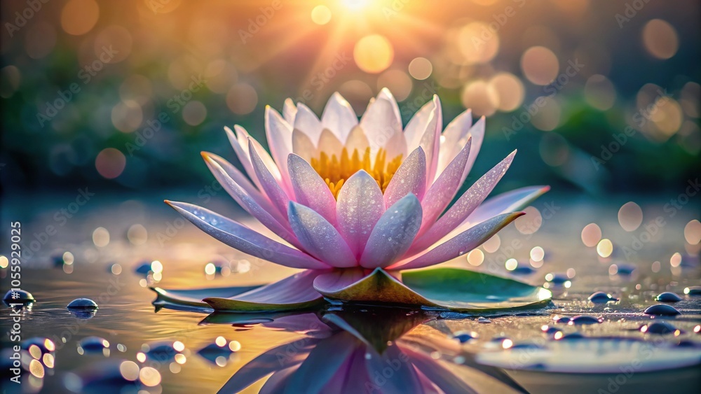 Photo of water lily with dew at sunrise