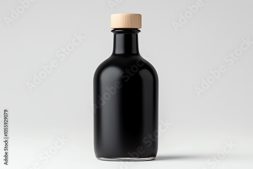 Elegant black bottle with wooden cap on white background, perfect for packaging oils, sauces, or beverages, showcasing modern design and functionality. photo