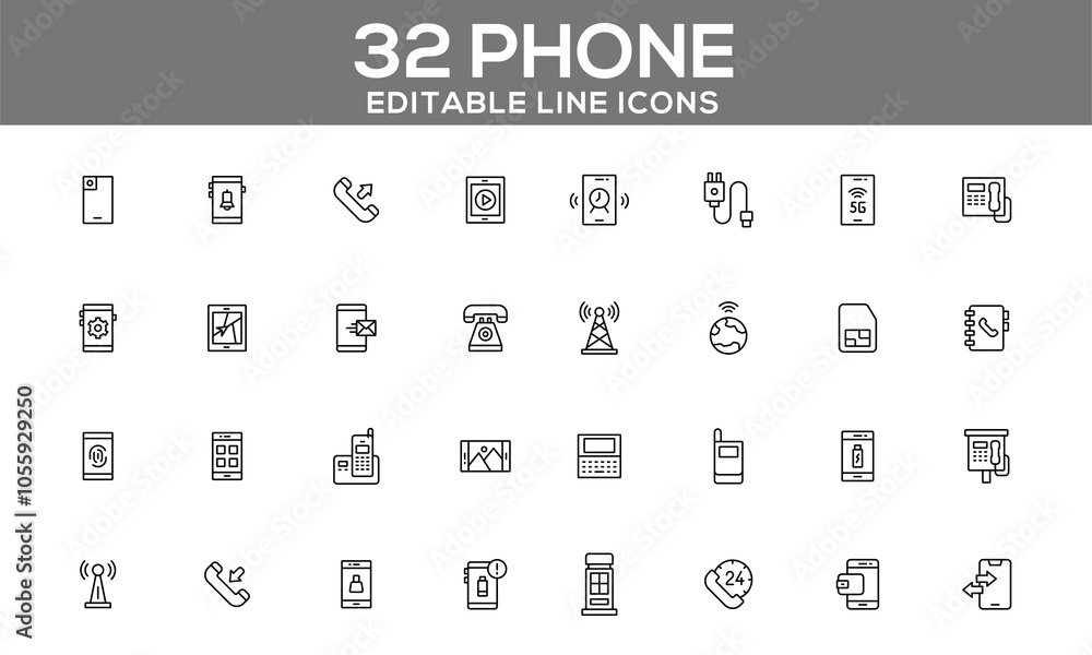 32 Editable Phone Line Icons for Communication, Connectivity, and Mobile Devices 32 Editable Phone Line Icons for Communication, Connectivity, and Mobile Devices