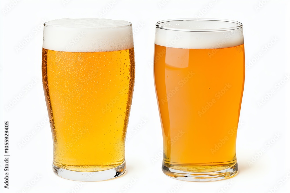 Two glasses of golden beer isolated on white background with frothy tops, showcasing refreshing beverages perfect for gatherings and celebrations. Two glasses of golden beer isolated on white background with frothy tops, showcasing refreshing beverages perfect for gatherings and celebrations.