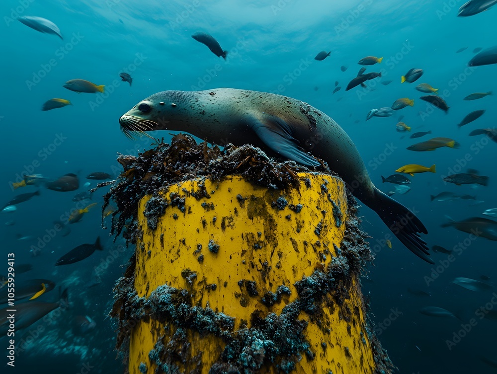 Obraz premium Sea lion resting on a buoy in the ocean.