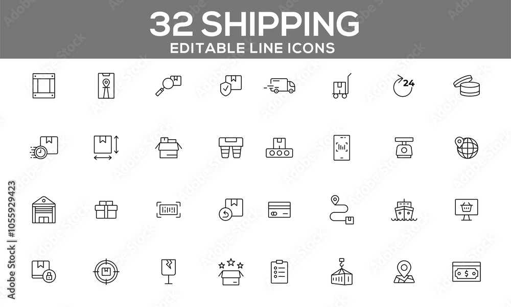 Web32 Editable Shipping Line Icons for Logistics, Delivery, and Global Freight Management Web32 Editable Shipping Line Icons for Logistics, Delivery, and Global Freight Management
