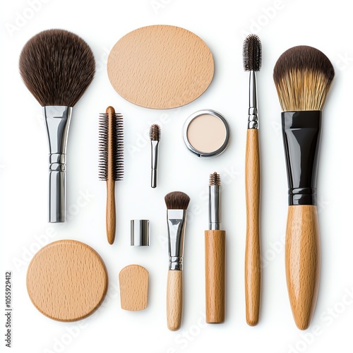 A collection of essential makeup brushes and tools isolated on white background, perfect for applying beauty products and creating stunning looks. photo