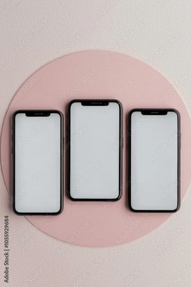 Sleek Black Smartphones in Pale Pink Oval on White Background - Minimalist Technology Overview with Clean Design Elements for Modern Digital Concepts and Advertisements Sleek Black Smartphones in Pale Pink Oval on White Background - Minimalist Technology Overview with Clean Design Elements for Modern Digital Concepts and Advertisements
