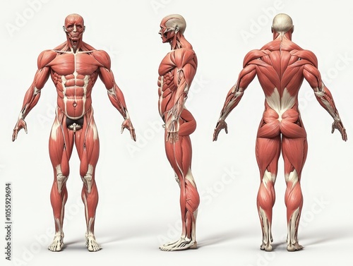 Male muscular system anatomy illustration, front, side, and back views.