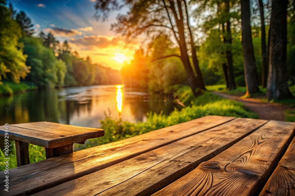 Serene Nature Escape: Empty Wooden Table Silhouette Overlooking River and Forest for Tranquil Outdoor Dining Scene Serene Nature Escape: Empty Wooden Table Silhouette Overlooking River and Forest for Tranquil Outdoor Dining Scene