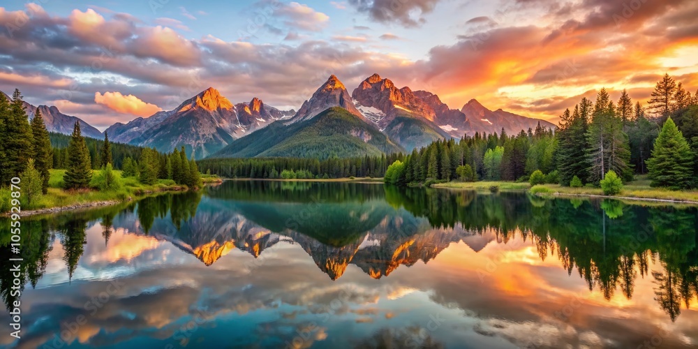 Serene Mountain Sunrise Reflection in Still Lake - Tranquil Nature Landscape Photography Serene Mountain Sunrise Reflection in Still Lake - Tranquil Nature Landscape Photography