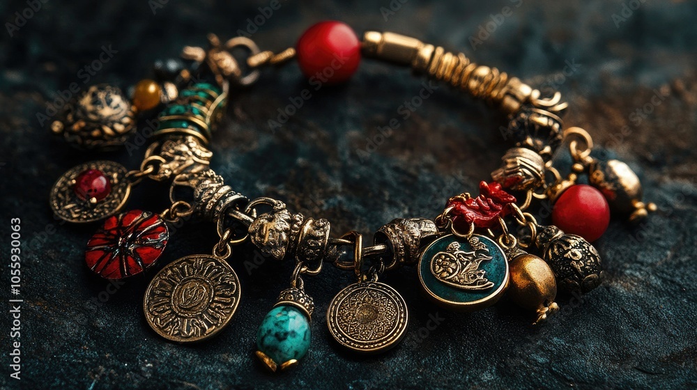 A charm bracelet adorned with various Mutelu charms for prosperity and spiritual guidance, shown against a dark, textured backdrop A charm bracelet adorned with various Mutelu charms for prosperity and spiritual guidance, shown against a dark, textured backdrop