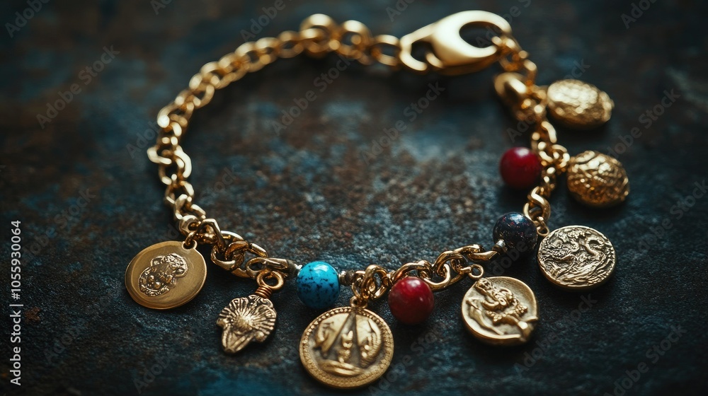 A charm bracelet adorned with various Mutelu charms for prosperity and spiritual guidance, shown against a dark, textured backdrop A charm bracelet adorned with various Mutelu charms for prosperity and spiritual guidance, shown against a dark, textured backdrop