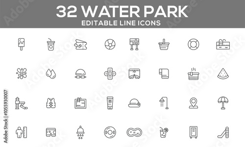 32 Editable Water Park Line Icons for Summer Fun, Pool Activities, and Aquatic Adventures