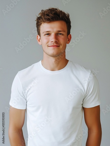 Happy young man isolated on simple studio background. Confident handsome male model wearing white t-shirt candid pose.