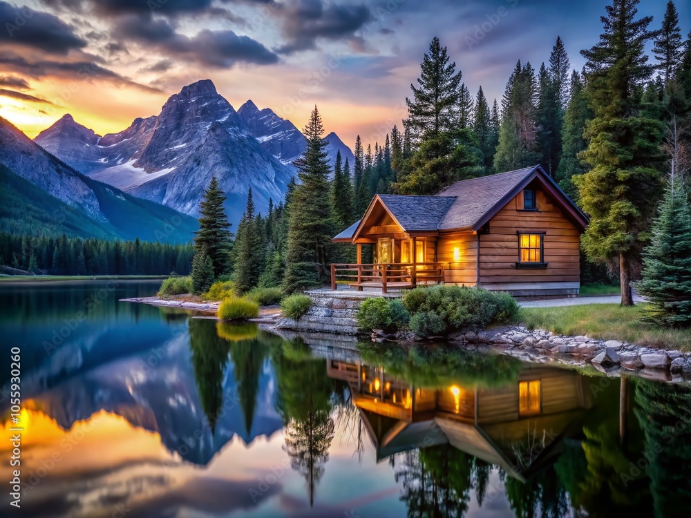 Serene Riverside Cabin at Dusk - Tranquil Nature Escape in the Mountains Serene Riverside Cabin at Dusk - Tranquil Nature Escape in the Mountains