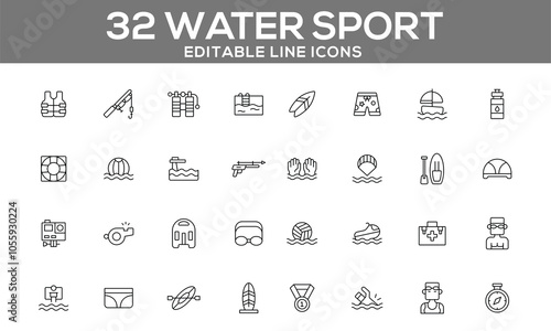 32 Editable Water Sport Line Icons for Aquatic Activities, Adventure Gear, and Beach Fun