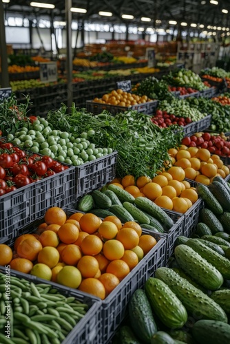 Vibrant Citrus Delight at Market Stand - Fresh Oranges and Lemons in Crates, Green Produce Background Food Market Freshness Concept