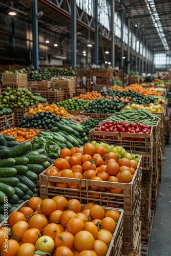 Vibrant Citrus Delight Close-Up Orange Crate in Bustling Market Hall with Fresh Produce - Abundance of Colorful Oranges, Lush Green Cucumbers, and Succulent Tomatoes - Warm, Juicy, and Inviting