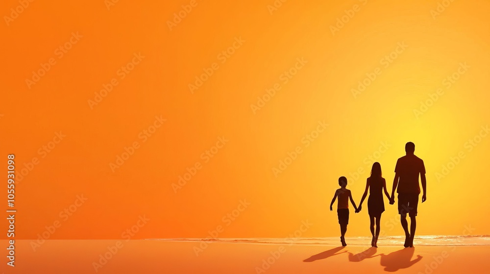 Fototapeta premium A family strolling together at sunset embracing love and togetherness against a vibrant orange sky