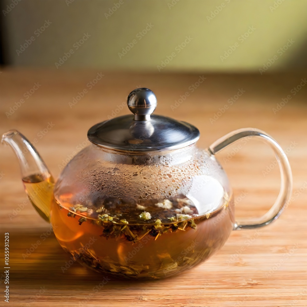 A glass teapot brewing herbal tea with steam rising in a cozy kitchen setting during late afternoon A glass teapot brewing herbal tea with steam rising in a cozy kitchen setting during late afternoon