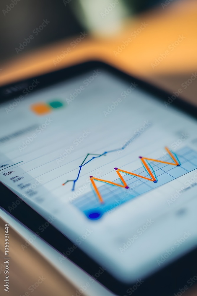 A tablet displaying a financial graph. A tablet displaying a financial graph.