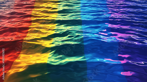 Colorful water reflecting a vibrant rainbow flag