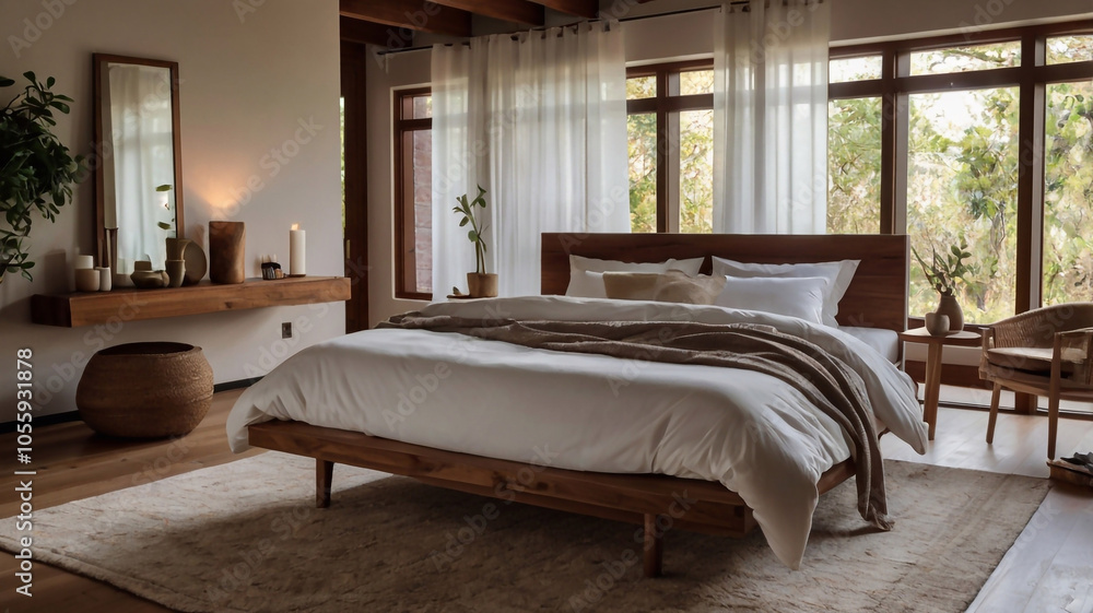 luxurious bedroom setting with crisp white organic cotton bedding warm ambient lighting and minimalist wooden furniture emphasizing comfort and sustainability luxurious bedroom setting with crisp white organic cotton bedding warm ambient lighting and minimalist wooden furniture emphasizing comfort and sustainability