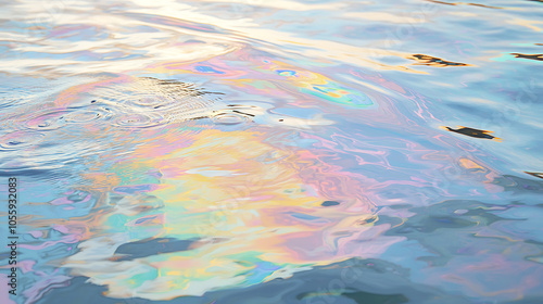 Iridescent reflections on tranquil water surface
