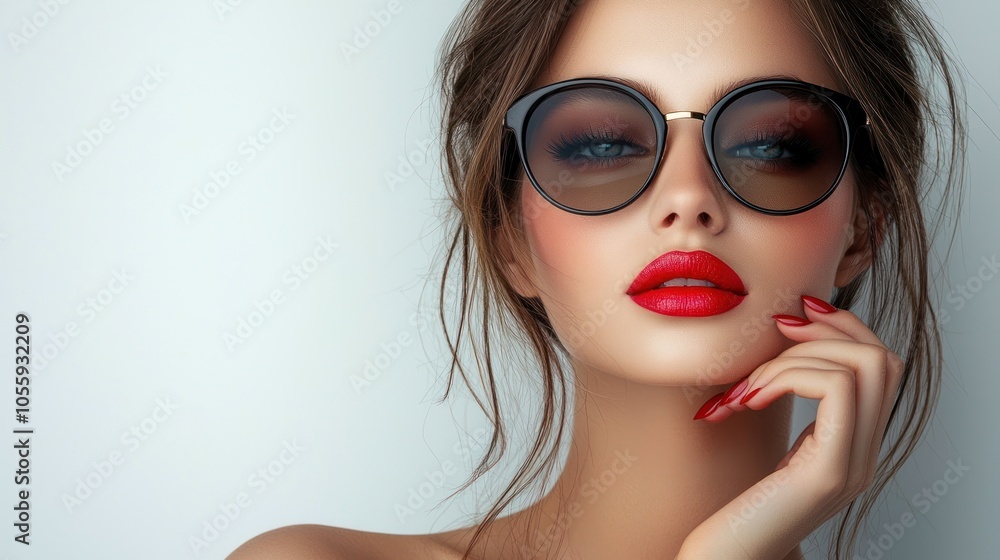 Close-up Portrait of a Woman Wearing Sunglasses with Red Lipstick Close-up Portrait of a Woman Wearing Sunglasses with Red Lipstick