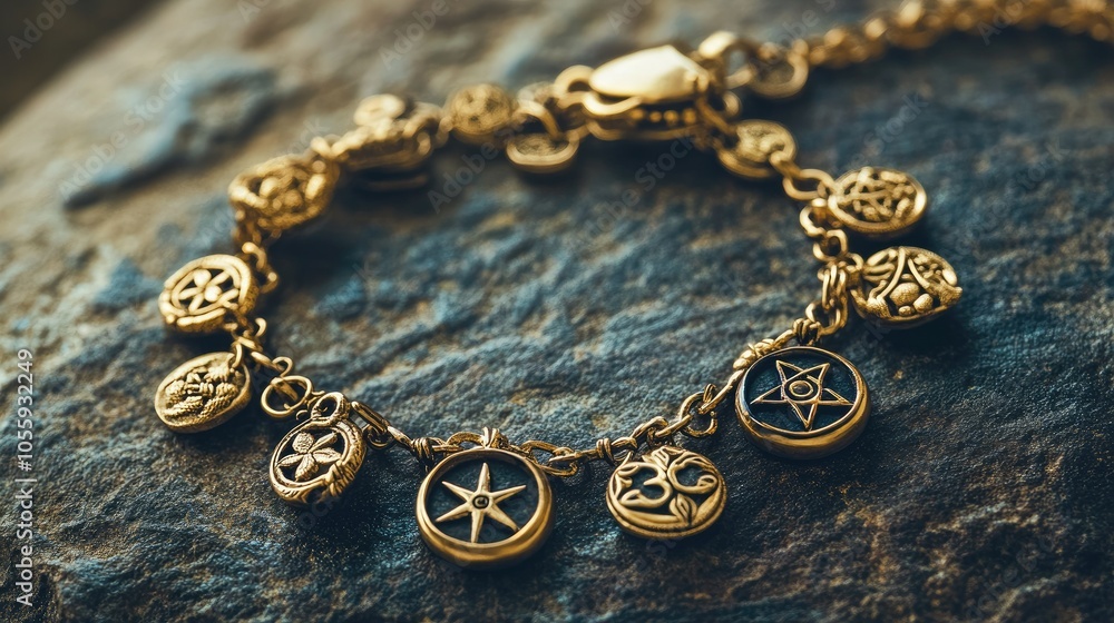 Charm bracelet with intricate Mutelu symbols, each charm representing a unique spiritual benefit, elegantly arranged on a natural stone surface Charm bracelet with intricate Mutelu symbols, each charm representing a unique spiritual benefit, elegantly arranged on a natural stone surface