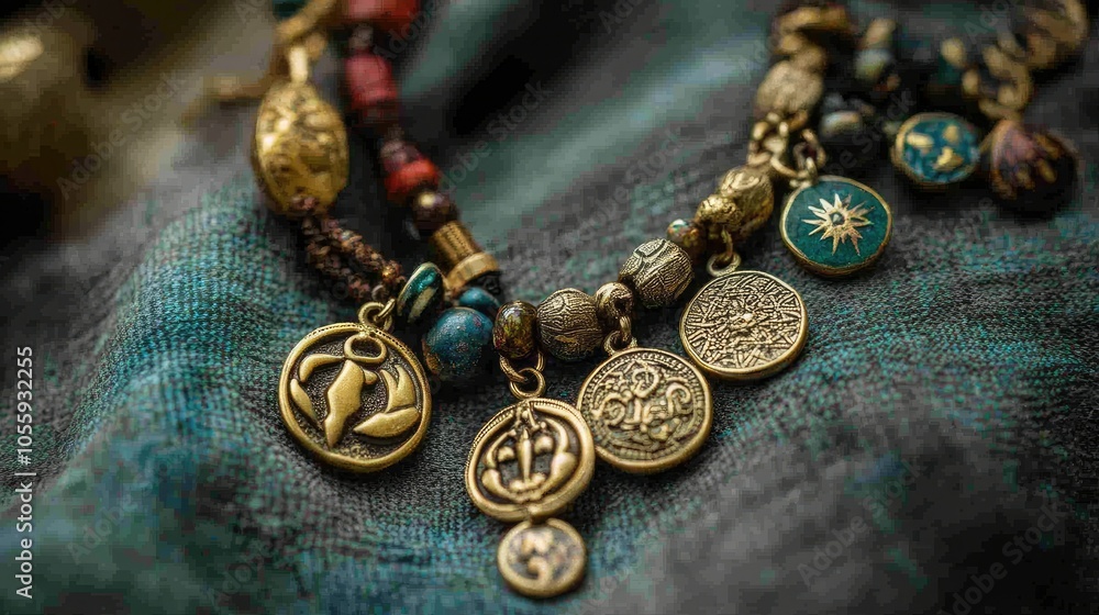 Close-up of a charm bracelet featuring diverse Mutelu symbols for spiritual protection and fortune, displayed on a soft fabric background x Close-up of a charm bracelet featuring diverse Mutelu symbols for spiritual protection and fortune, displayed on a soft fabric background x