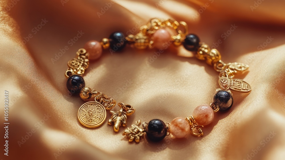 Close-up of a Mutelu charm bracelet with unique charms for spiritual protection, wealth, and health blessings on a smooth, neutral background Close-up of a Mutelu charm bracelet with unique charms for spiritual protection, wealth, and health blessings on a smooth, neutral background
