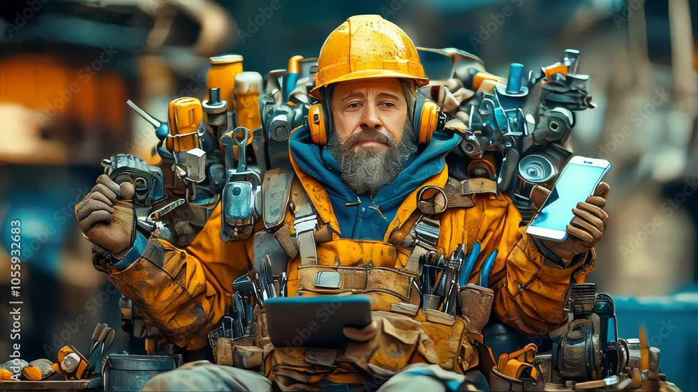 Busy construction worker wearing a hard hat and surrounded by an array of tools and gadgets Busy construction worker wearing a hard hat and surrounded by an array of tools and gadgets