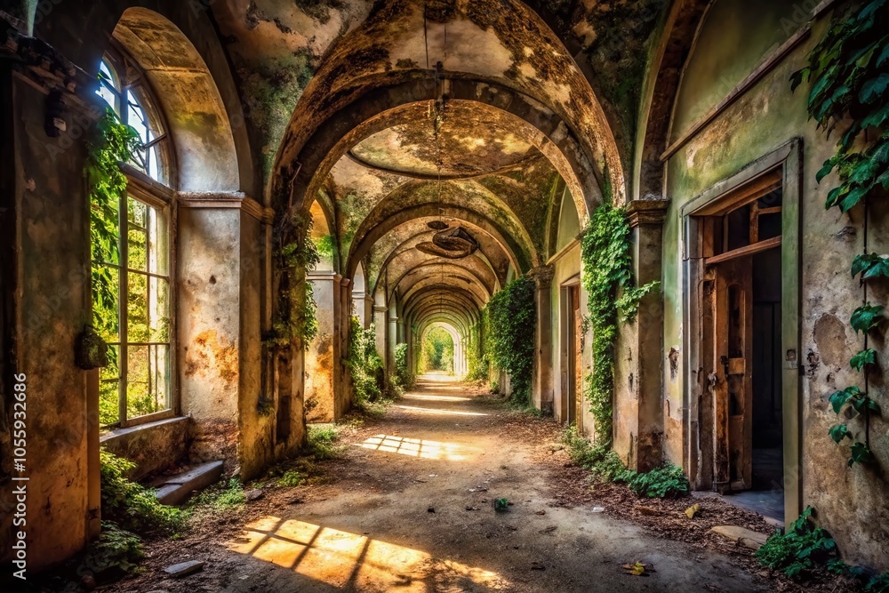 Silhouette of a Long, Arched Hallway in a Ruined Building with Dramatic Lighting and Shadows Silhouette of a Long, Arched Hallway in a Ruined Building with Dramatic Lighting and Shadows