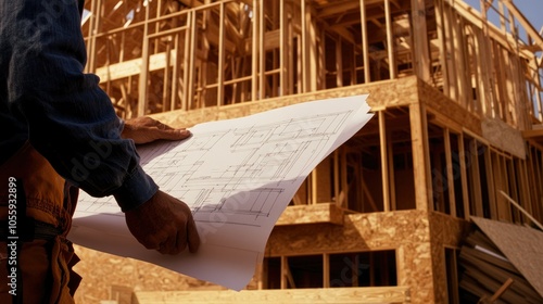 Construction worker on-site with house blueprints in hand, marking points on blueprint, focus on architecture