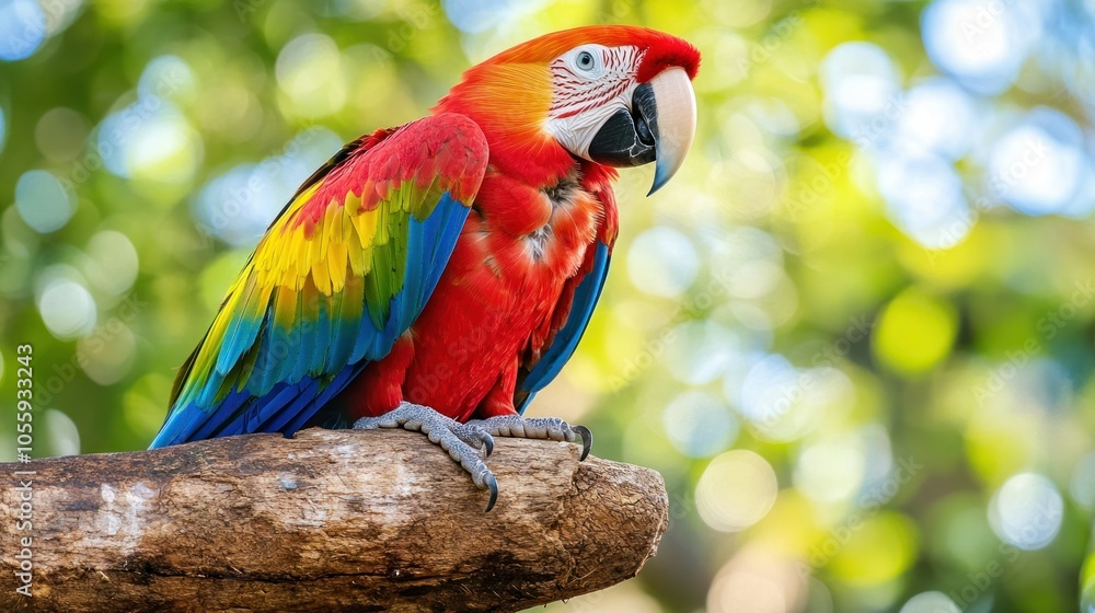 A Vibrant Scarlet Macaw Perched on a Branch with a Blurry Green Background A Vibrant Scarlet Macaw Perched on a Branch with a Blurry Green Background