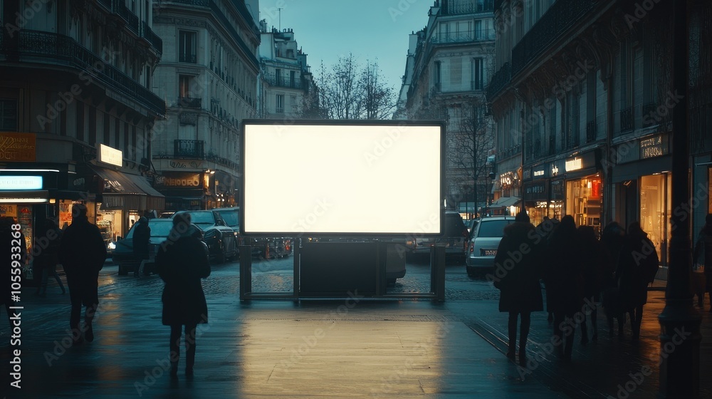Digital lightbox display on a bustling street, a blank screen ready for advertising in a busy urban setting, cars and shops nearby Digital lightbox display on a bustling street, a blank screen ready for advertising in a busy urban setting, cars and shops nearby