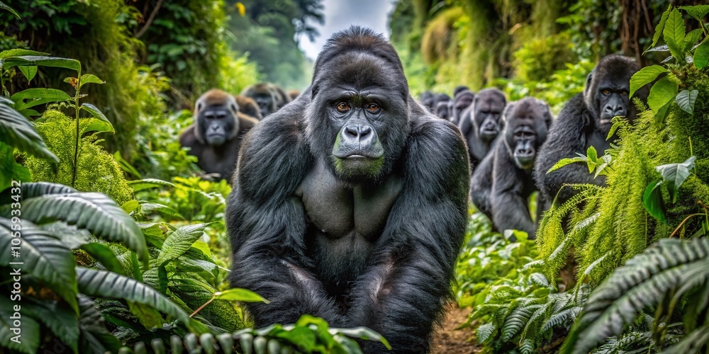 Obraz premium Silverback Gorilla Leading Troop Through Lush Jungle - Wildlife Photography