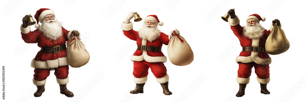 Santa Claus holding a bell in one hand and a bag of toys in the other, evoking a classic holiday feel, isolated on a transparent background Santa Claus holding a bell in one hand and a bag of toys in the other, evoking a classic holiday feel, isolated on a transparent background