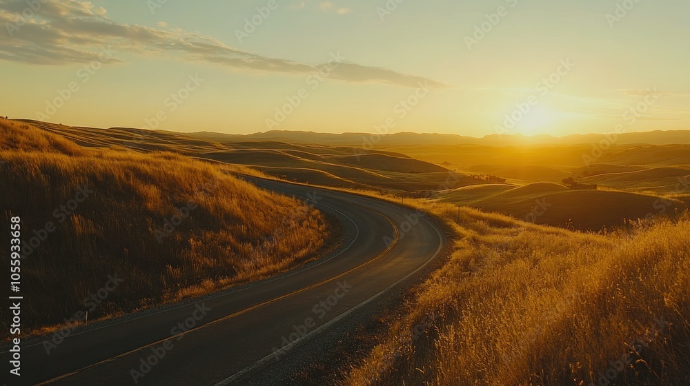 Naklejka premium Winding Road Through Golden Grassy Hills at Sunset