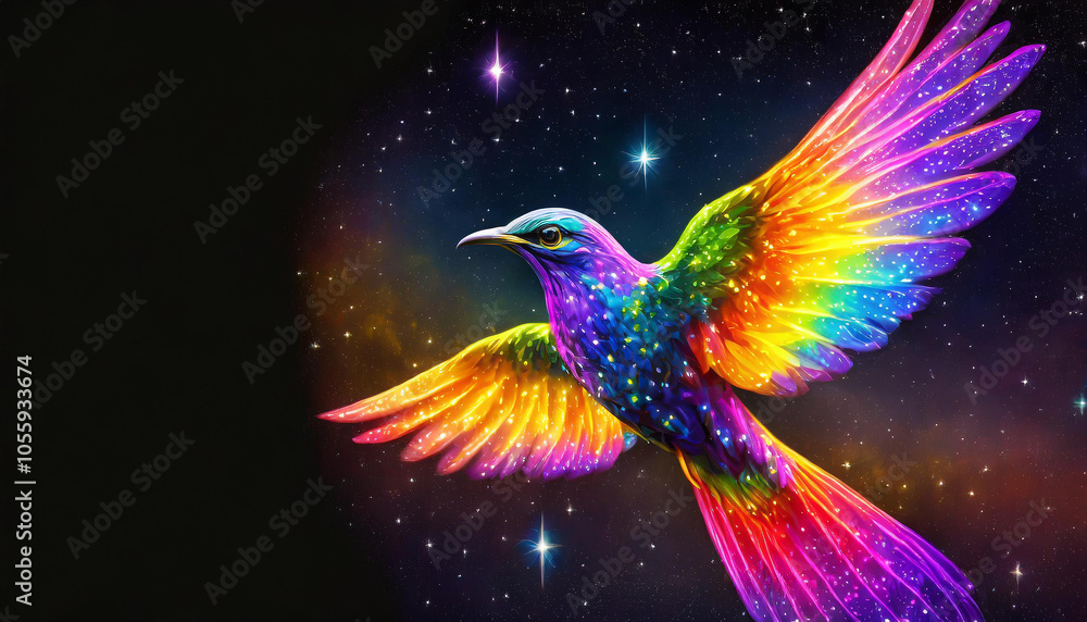 Obraz premium bird of paradise in flight with sparkles and rainbow colors