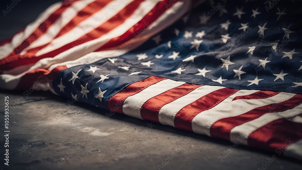 Obraz premium A Worn American Flag Draped on a Textured Surface, Symbolizing Patriotism and History in a Timeless Moment