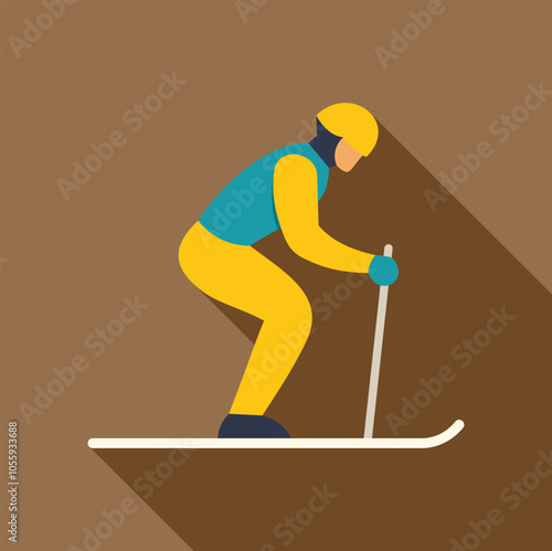 Skier wearing protective gear and holding ski poles, enjoying downhill skiing on snowy mountain slope