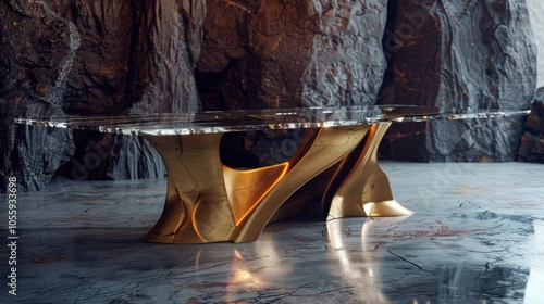 Chateau style hi tech dining table made of glass with oak and gold decor, extreme luxury photo