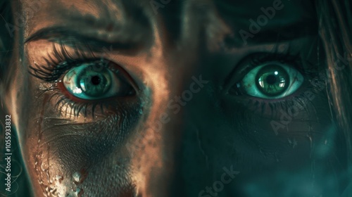 Close up of a woman's face super scared with tears in her eyes, hiding form