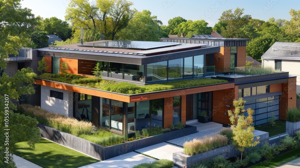 Modern Eco-Friendly Suburban Home with Green Roof and Solar Panels for Sustainable Living Modern Eco-Friendly Suburban Home with Green Roof and Solar Panels for Sustainable Living