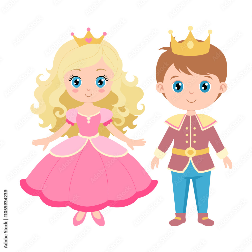 A girl and a boy dressed in princess and prince costumes. The girl is wearing a pink dress and the boy is wearing a blue suit A girl and a boy dressed in princess and prince costumes. The girl is wearing a pink dress and the boy is wearing a blue suit