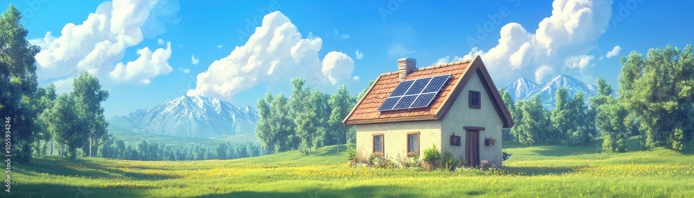 Eco-friendly house with solar panels in a lush green landscape, sunny day, blue sky, serene environment. Eco-friendly house with solar panels in a lush green landscape, sunny day, blue sky, serene environment.