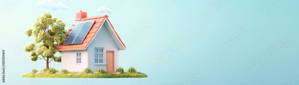 Modern house with solar panels and a tree, against a light blue background. Modern house with solar panels and a tree, against a light blue background.