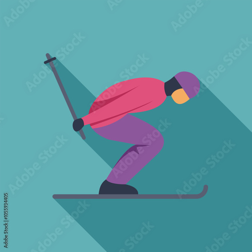 Professional skier crouching while downhill skiing with poles and skis on snowy slope