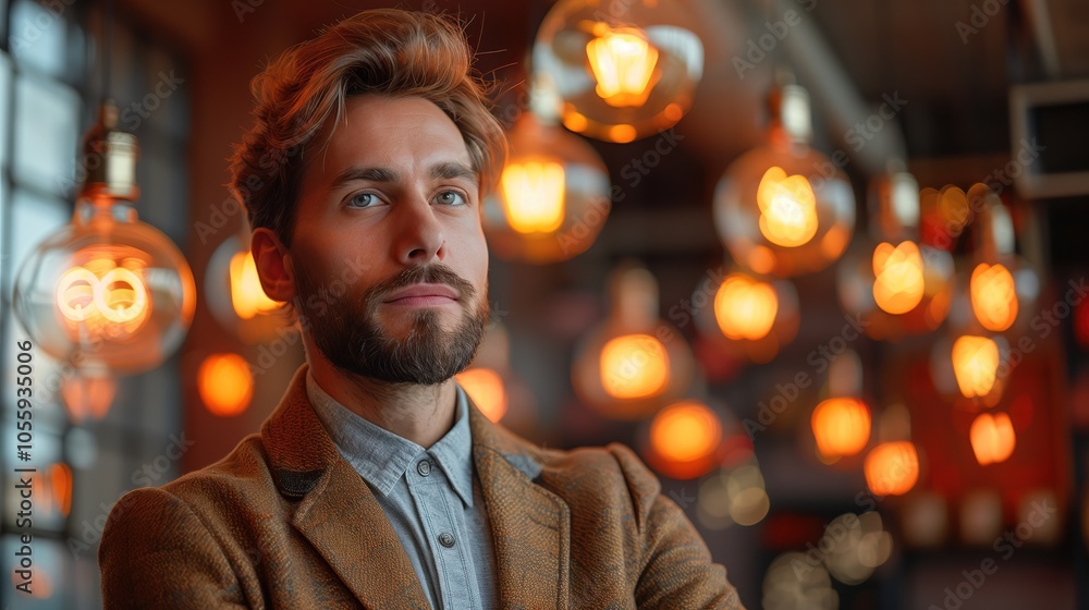 Young businessman with a spark of creativity, envisioning innovative solutions, surrounded by notes and a laptop, excitement lighting up his face. Young businessman with a spark of creativity, envisioning innovative solutions, surrounded by notes and a laptop, excitement lighting up his face.